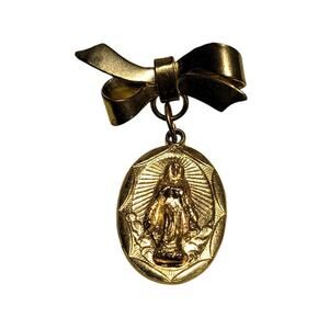 Vintage Catholic Miraculous Mother Mary Religious Gold Tone Medal Bow Pin Fatima